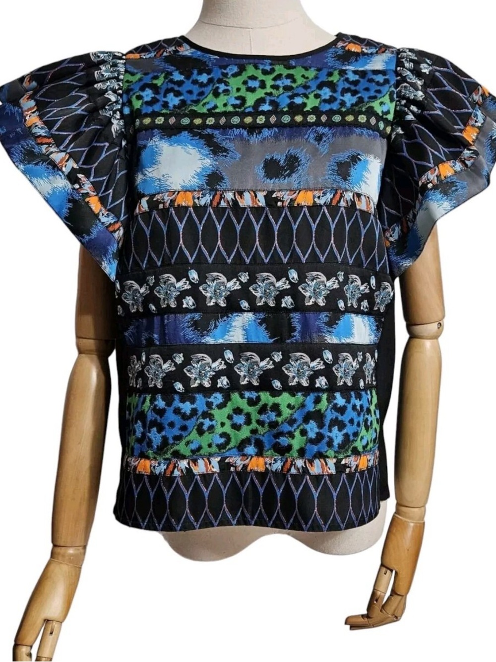 Kenzo H&M Black Multi-Color Patterned Ruffle Shoulder Blouse - Picture 4 of 6